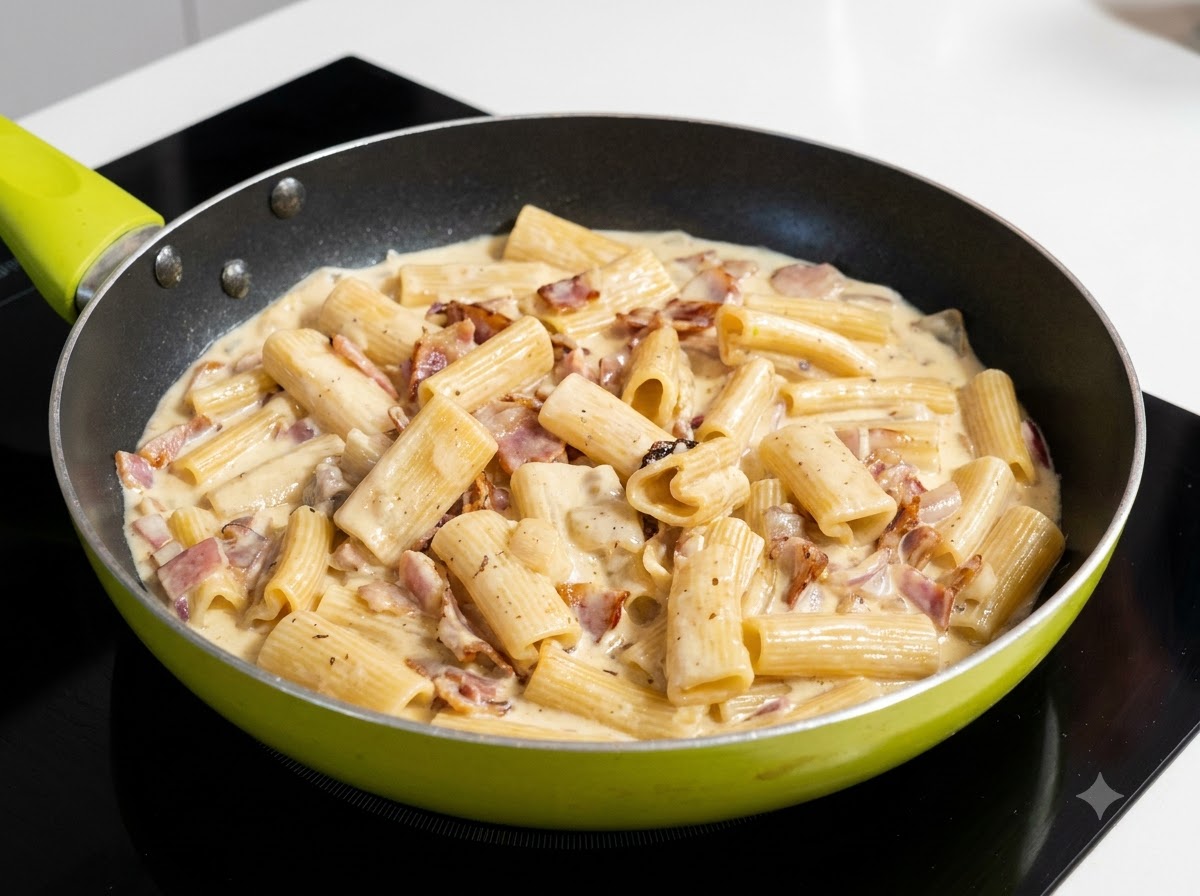 Die Pasta und Cremesauce ist gründlich mit Trüffelpaste vermischt und zeigt eine gesprenkelte Beigefärbung in einer Pfanne.