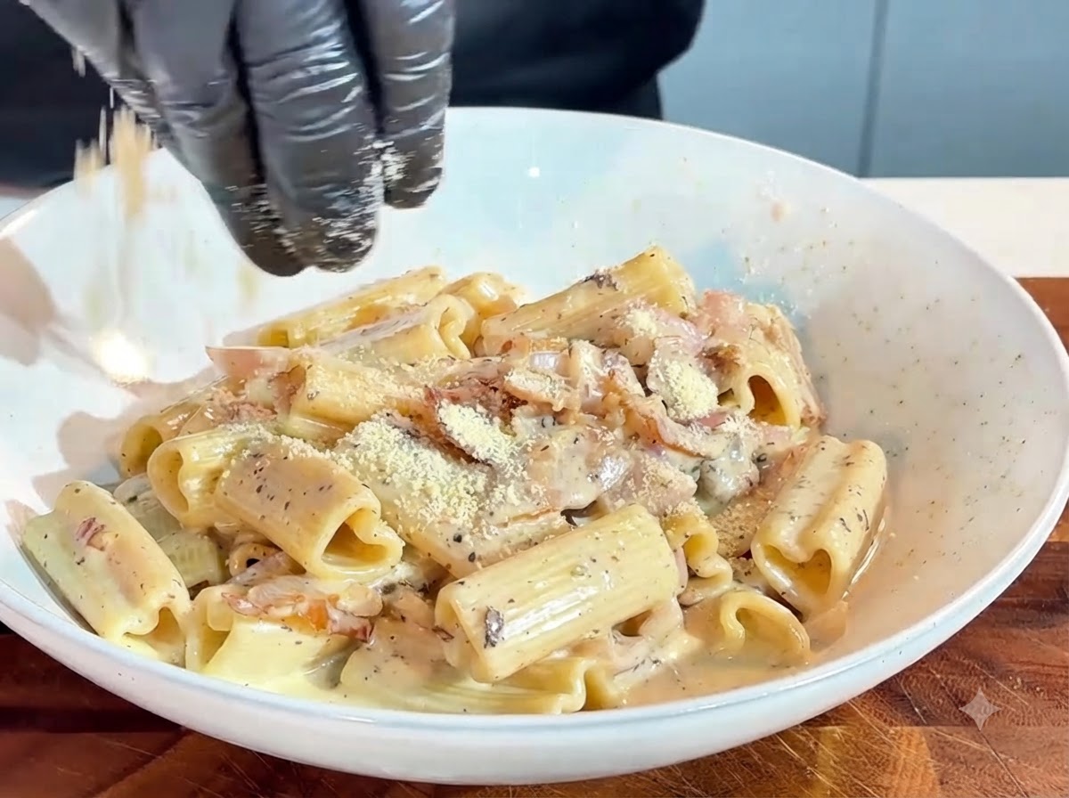 Geriebenes Käsepulver wird von oben auf eine Schüssel angerichtete Pasta gestreut.