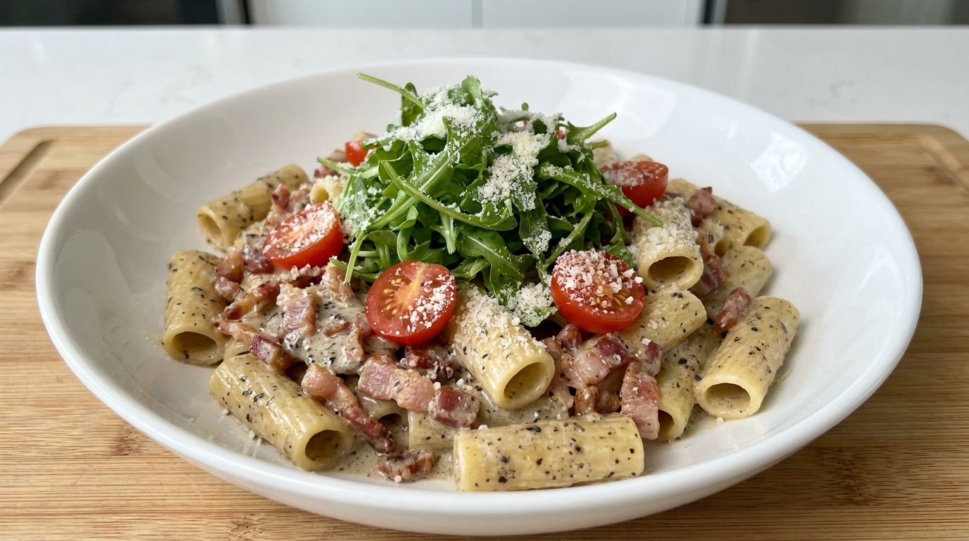 Herzförmige Pasta mit Speck- und schwarzer Trüffelcreme