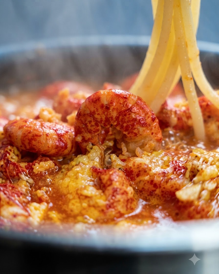 Lange Stränge gekochter Spaghetti werden angehoben und in die Pfanne mit Krebssoße gegeben.