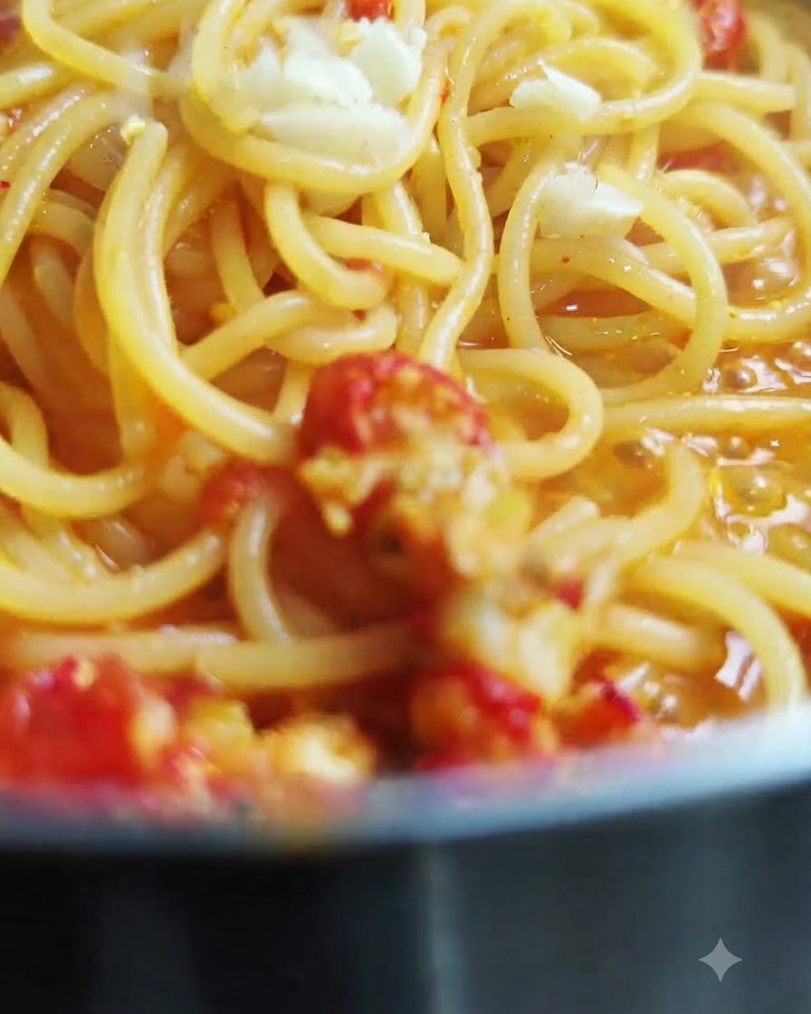 Frische gehackte Knoblauchstückchen sind oben auf der in Soße geschwenkten gekochten Spaghetti verstreut.