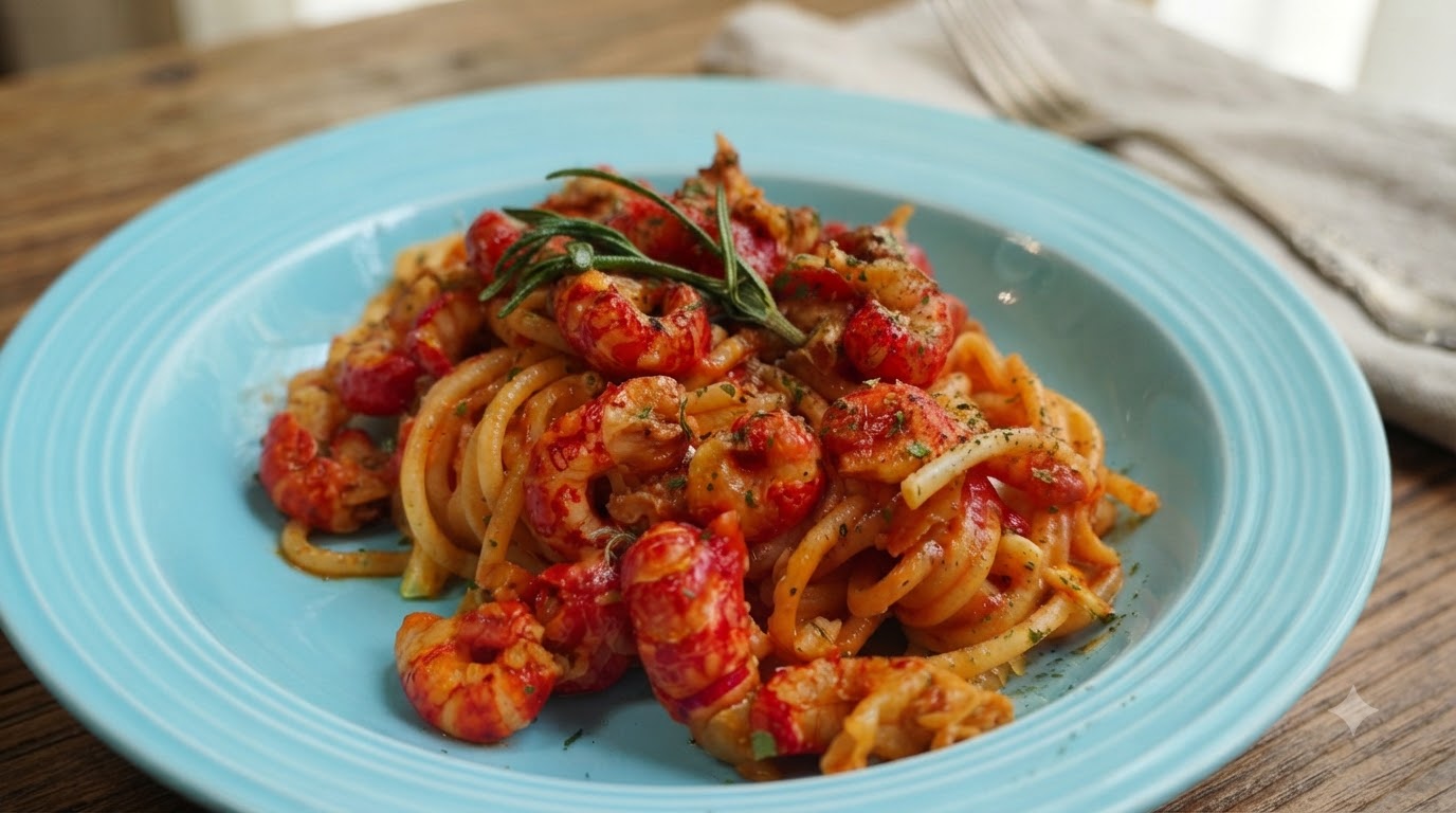 Knoblauch-Butter-Flusskrebsschwänze-Pasta