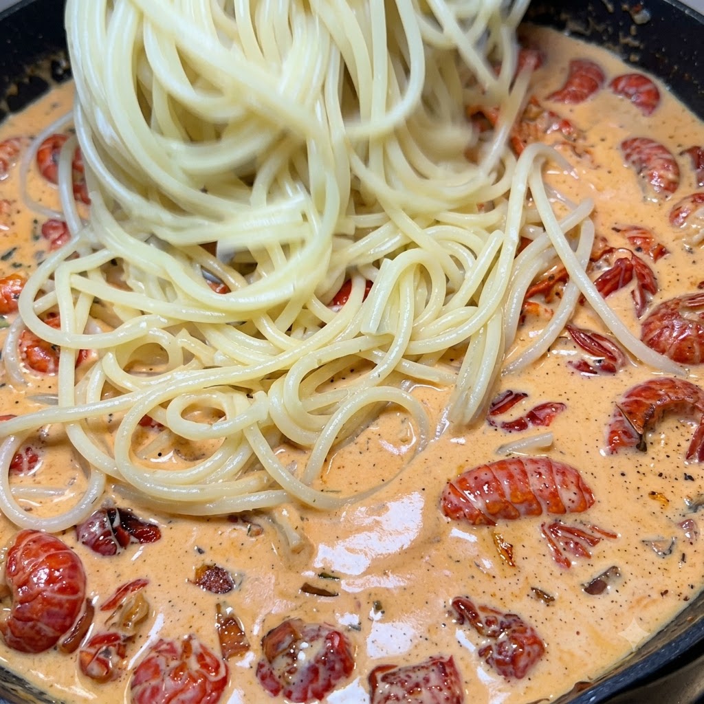 Spaghettinudeln werden in eine mit cremiger Flusskrebssoße gefüllte Pfanne gegeben.