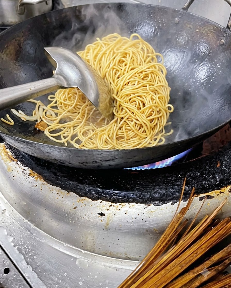 Gekochte gelbe Nudeln werden in einem großen Metallwok mit einer Kelle geschwenkt.