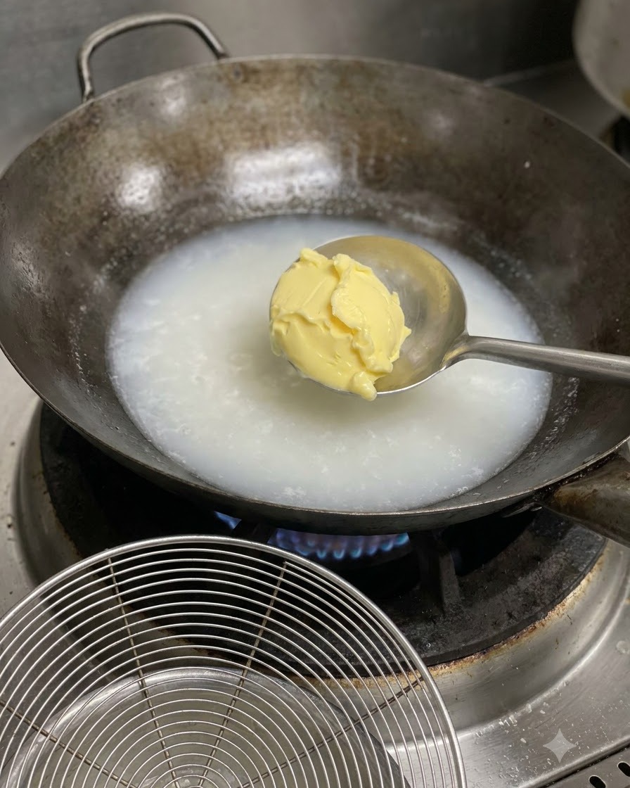 Ein Löffel gelbe Butter oder Käse wird zu köchelnder weißer Suppenbrühe in einem Wok gegeben.