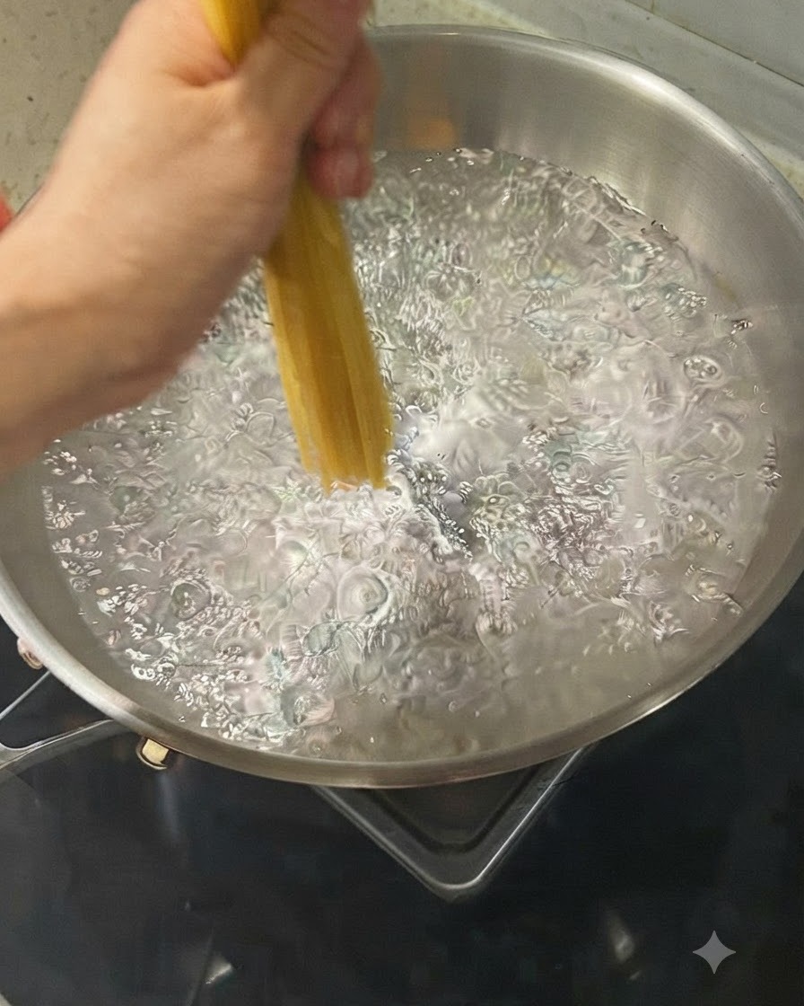 Eine Hand hält und senkt ein Bündel Spaghetti-Nudeln in einen Topf mit kochendem Wasser.
