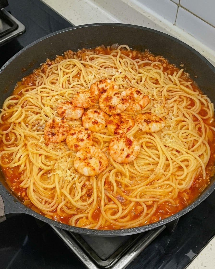 Eine Pfanne mit Pasta und Fleischsoße, belegt mit einem Ring aus gewürzten, angebratenen Garnelen und einer leichten Schicht geriebenem Käse.