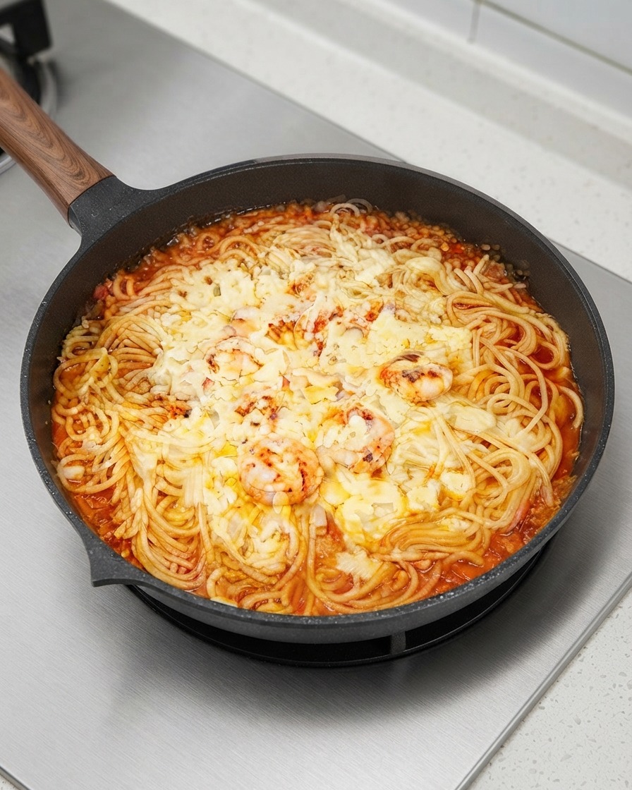 Eine Pfanne mit Pasta und Garnelen, vollständig bedeckt mit einer dicken Schicht geschmolzenem, geriebenem Käse und bestreut mit getrockneten Kräutern.