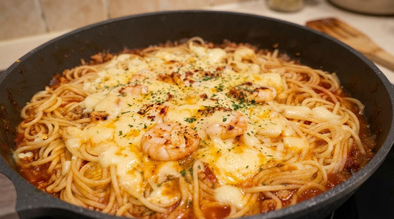Pfannengericht mit Käse, Garnelen und Pasta