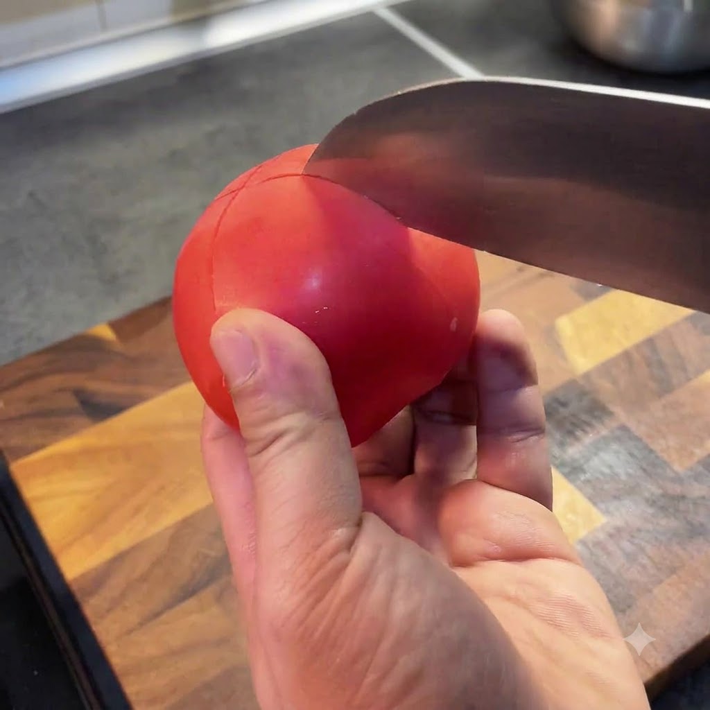 Eine Hand schneidet mit einem Kochmesser ein X in die Oberseite einer hellroten Tomate auf einem Schneidebrett.