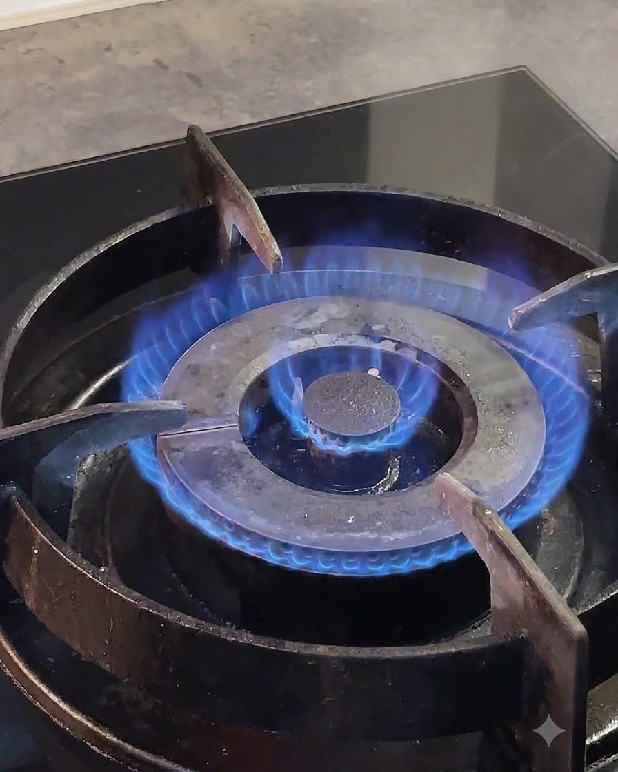 Eine blaue Gasflamme brennt intensiv unter den Metallgittern des Herds.