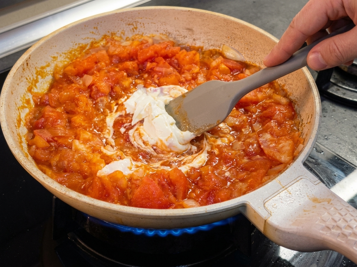 Ein Stück Frischkäse schmilzt in einer lebhaft köchelnden Tomaten-Zwiebel-Sauce in einer Pfanne.