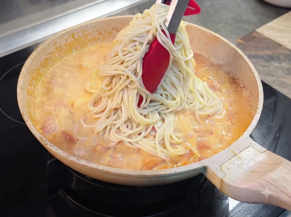 Spaghetti werden mit einer Zange aus einem Topf direkt in eine Pfanne mit köchelnder cremiger Tomatensauce gegeben.