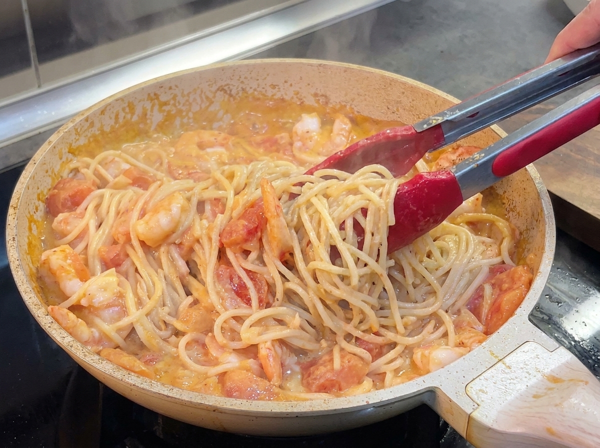Spaghetti und Garnelen werden mit einer Zange in einer cremigen Tomatensauce in einer Pfanne vermengt.