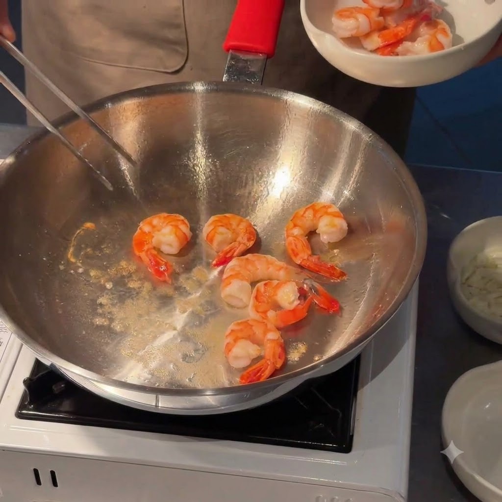 Butter schmilzt in einer Pfanne mit Zwiebeln und gehacktem Knoblauch, die angebraten werden.