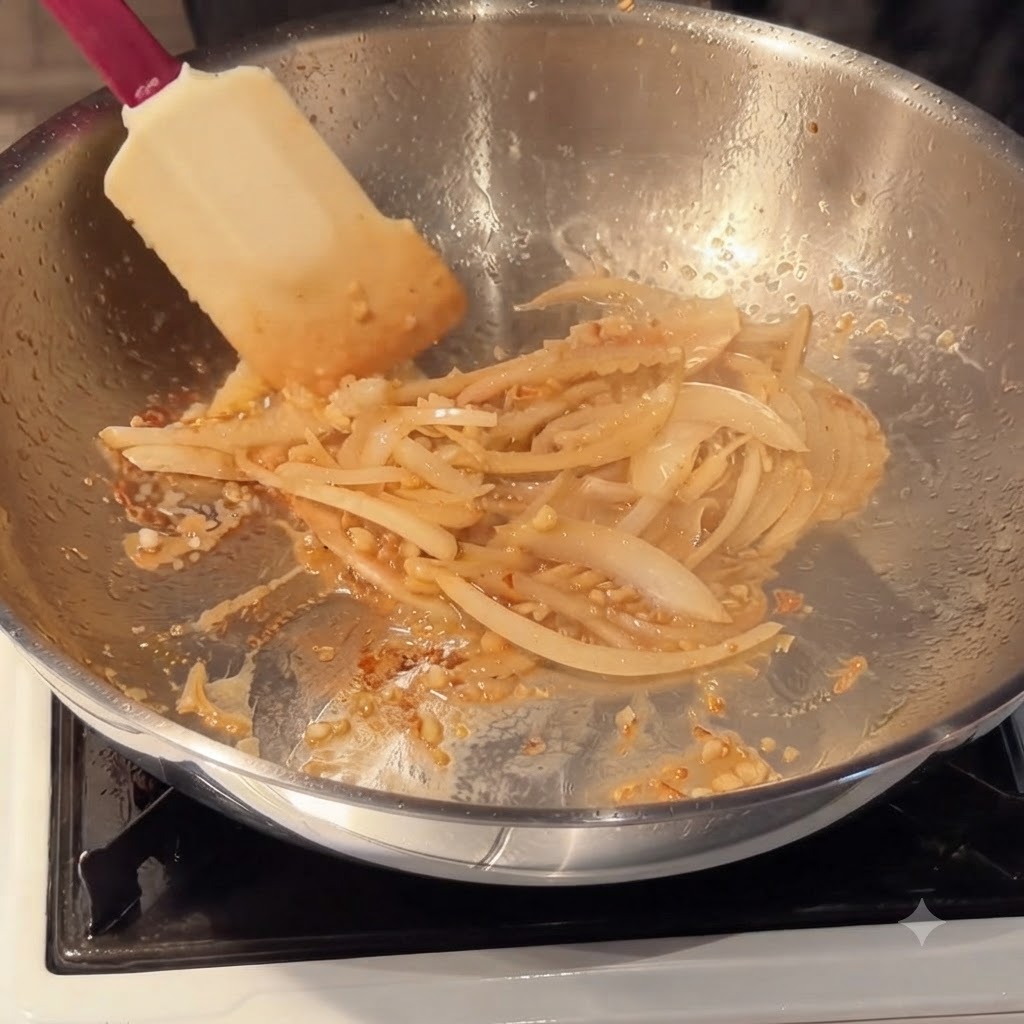Schlagsahne, koreanische Chilipaste und Tomatenmark werden in einer Pfanne zu einer Soße verrührt.