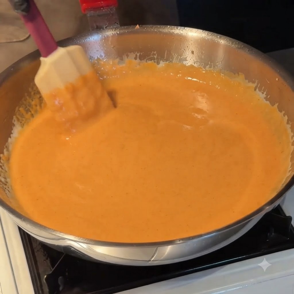 Gekochte Pasta wird mit einem Spatel in einer Edelstahlpfanne unter eine glatte orangefarbene Sahnesoße gehoben.
