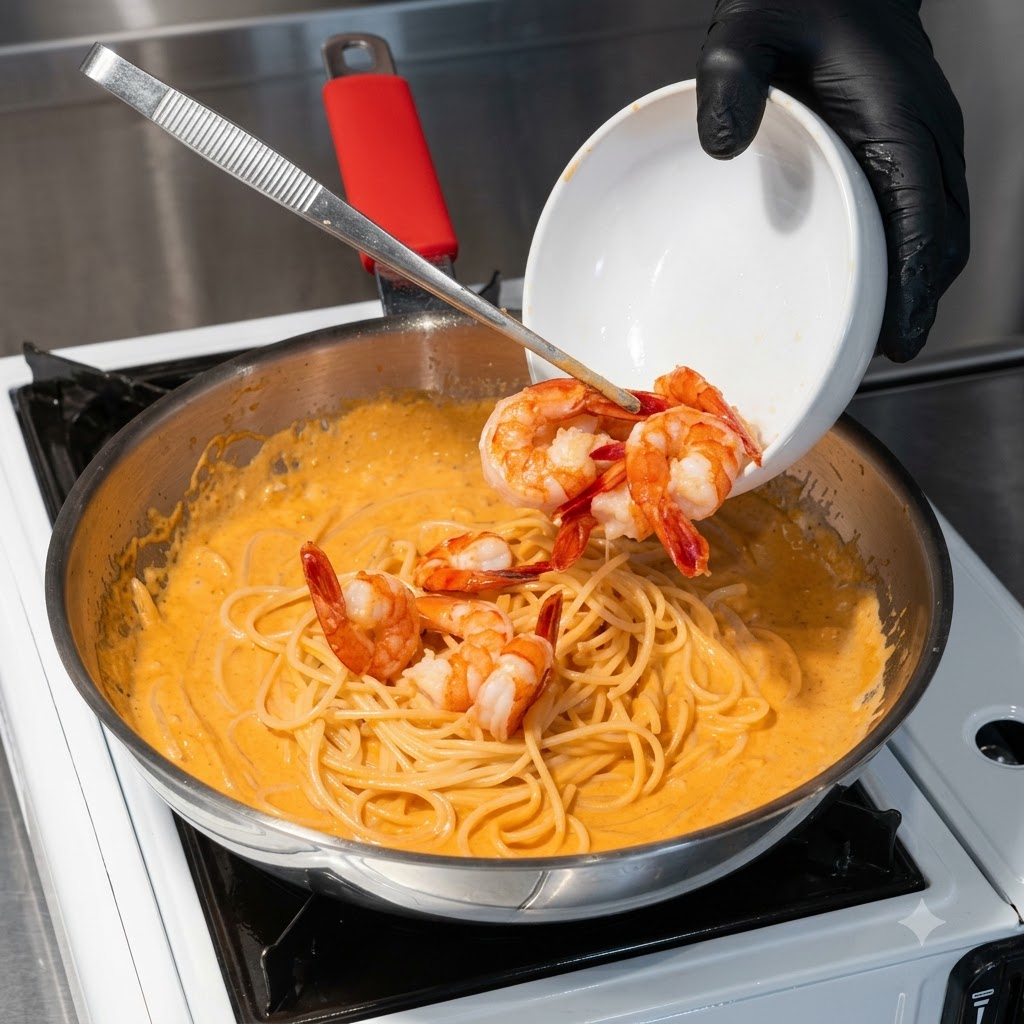 Gekochte Garnelen werden aus einer kleinen weißen Schüssel in eine Pfanne mit cremiger koreanischer Pasta gegeben.