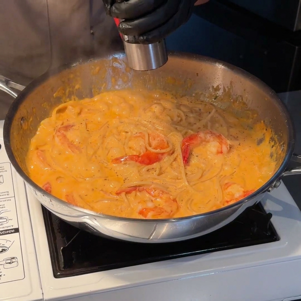 Eine Person mahlt mit einer Pfeffermühle schwarzen Pfeffer über die cremige Garnelen-Pasta in einer Edelstahlpfanne.