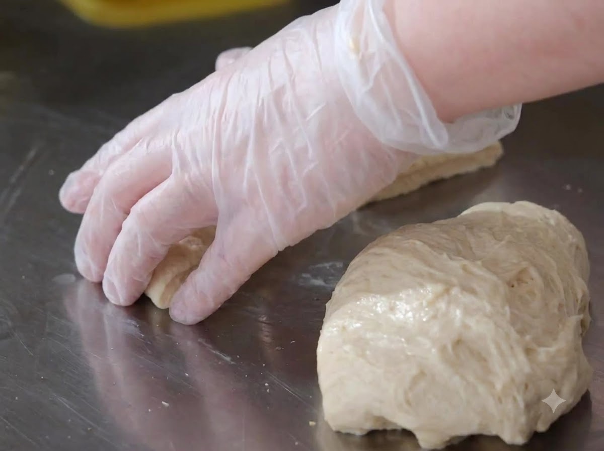 Eine behandschuhte Hand formt eine Portion Pizzateig auf der Arbeitsfläche zu einer glatten Kugel.