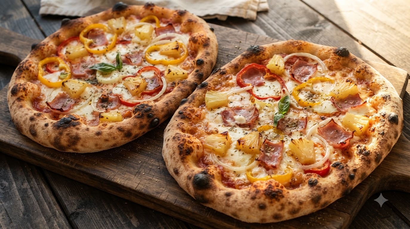 Zwei frisch gebackene hausgemachte Pizzas, belegt mit Ananas, Paprika, Zwiebeln, Schinken und geschmolzenem Käse auf Holzbrettern.