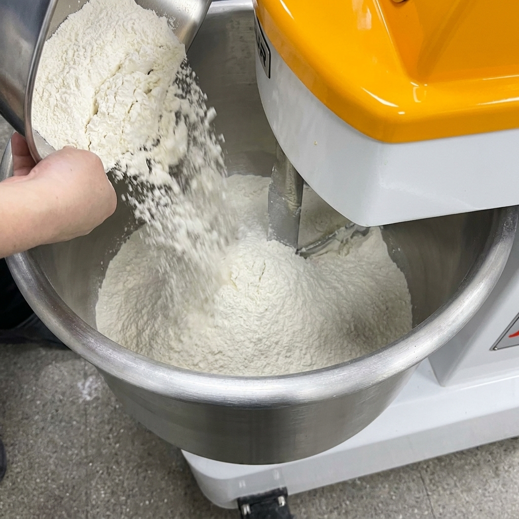 Caputo 00 Mehl wird aus einem Stahlbehälter in eine gewerbliche Teigknetmaschine geschüttet.