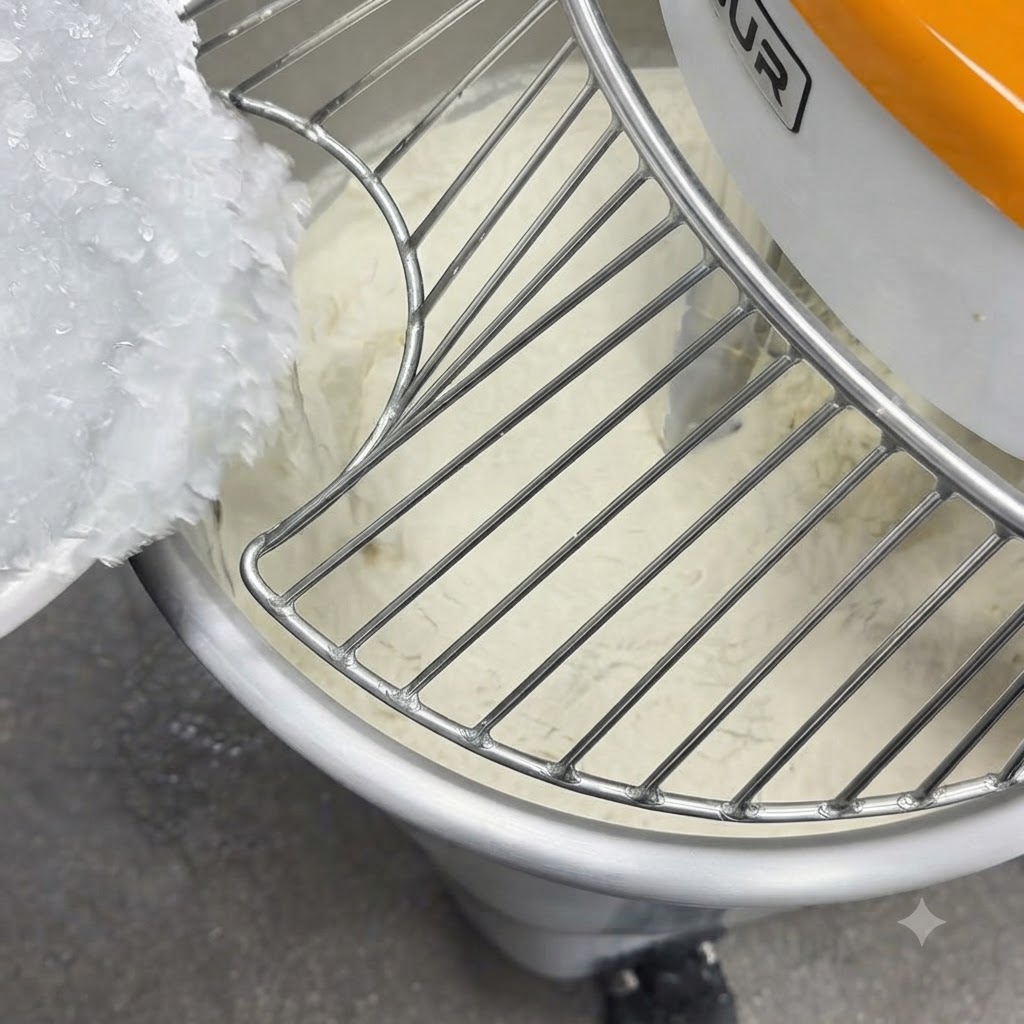Eiswasser wird durch den Schutzgitter in die mit Mehl gefüllte Rührschüssel gegossen.