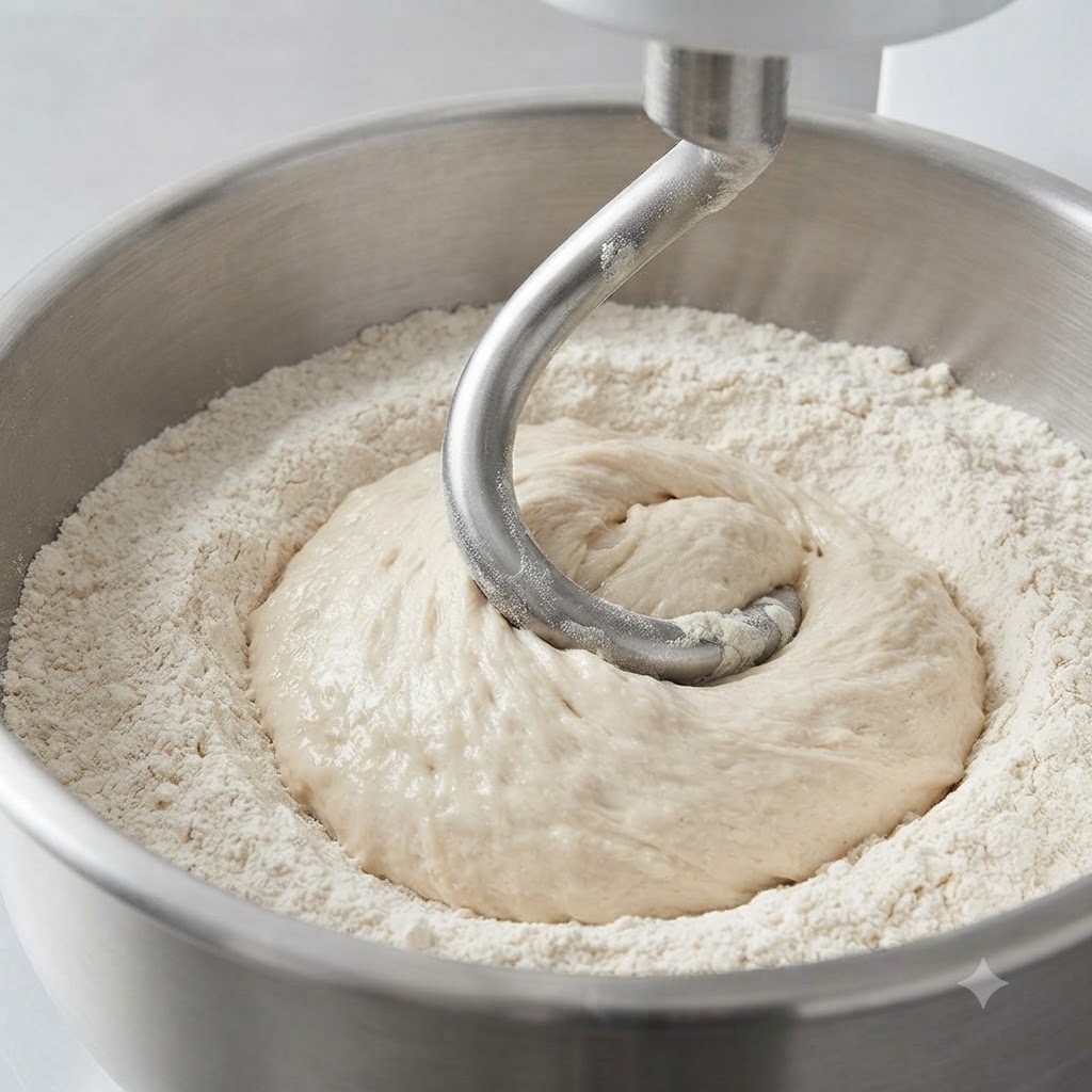 Ein Spiralkneter knetet eine Poolish-Mischung in einer großen Stahlschüssel in das Mehl ein.