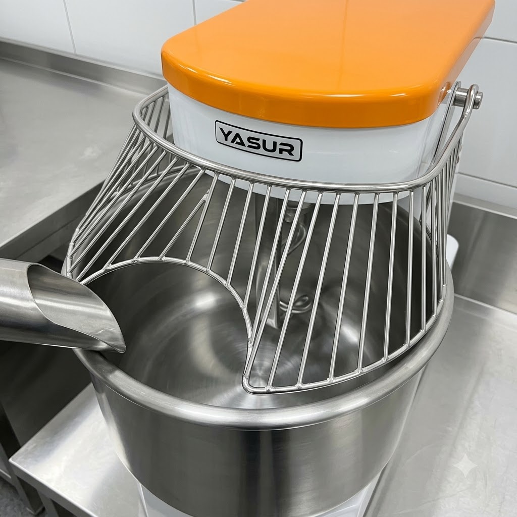 Die leere Schüssel und das Schutzgitter eines YASUR-Teigmischers während der Hydratationsanpassungsphase.