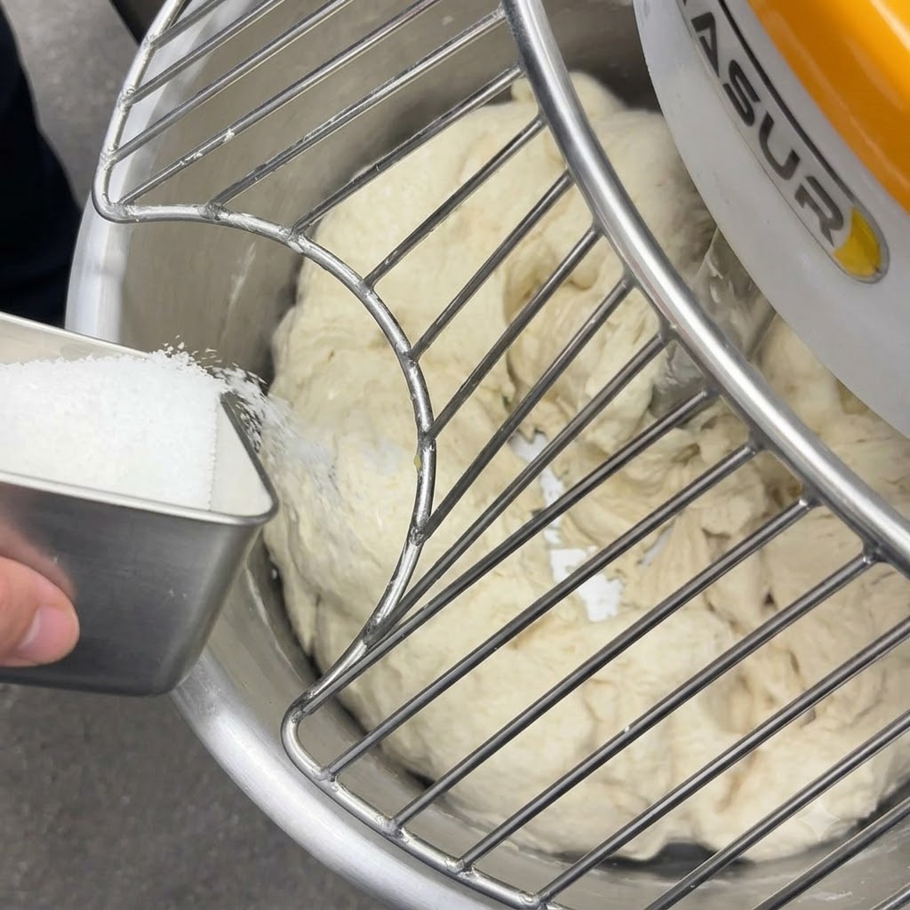 Feines Salz wird aus einem Metallbehälter durch den Schutzgitter in den knetenden Teig geschüttet.