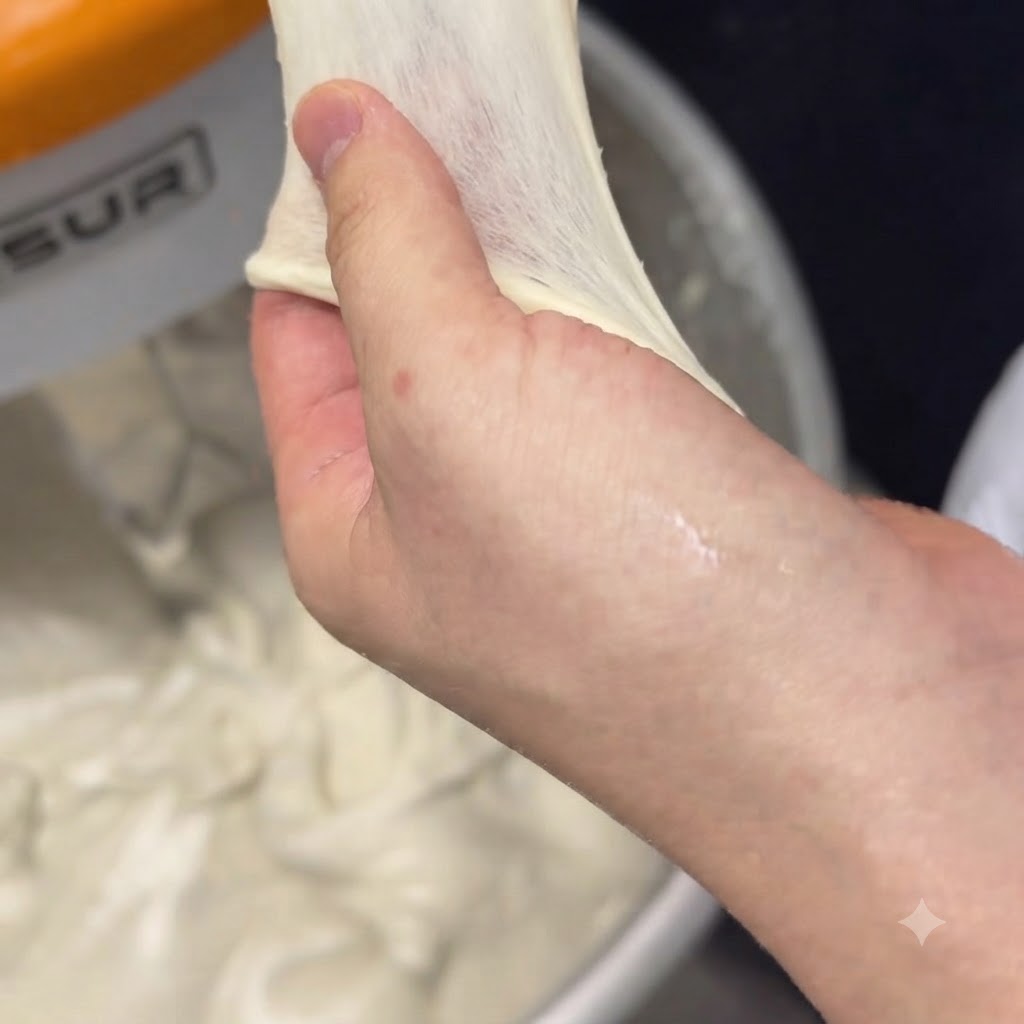 Eine Hand dehnt ein dünnes, durchsichtiges Stück Pizzateig aus, um die Glutenentwicklung zu testen.