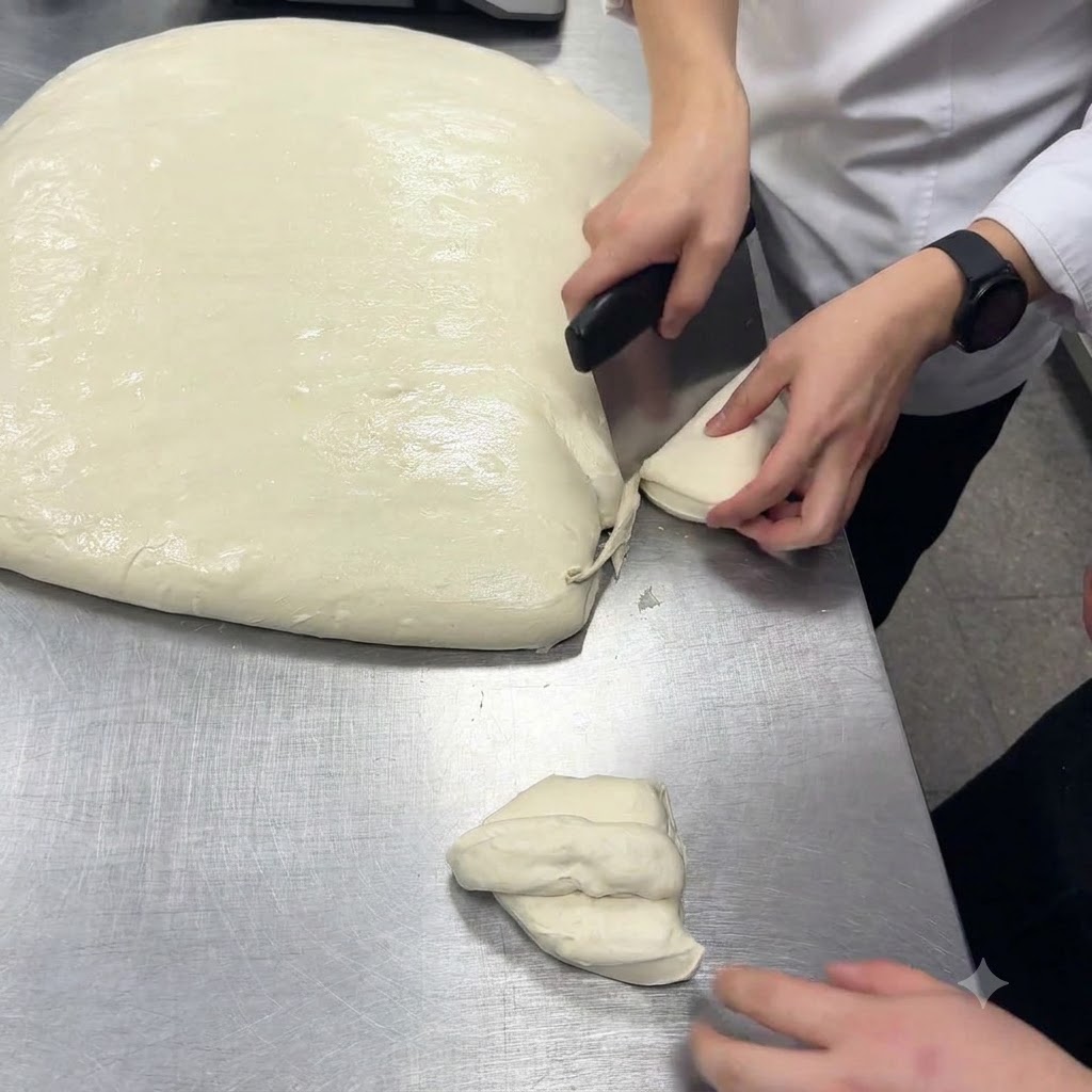 Ein Teigschaber schneidet eine große Platte weißen Pizzateigs auf einem Arbeitstisch durch.