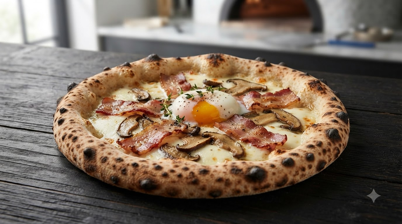Eine frisch gebackene, moderne neapolitanische Pizza mit knusprig-luftigem Rand, geschmolzenem Mozzarella, dickem Speck, Steinpilzen und einem weichgekochten Ei.