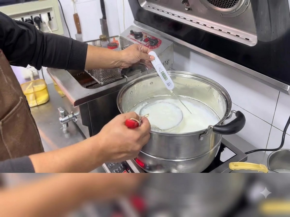 Milch erhitzt sich in einem großen Topf auf dem Herd, während ein Digitalthermometer die Temperatur anzeigt.