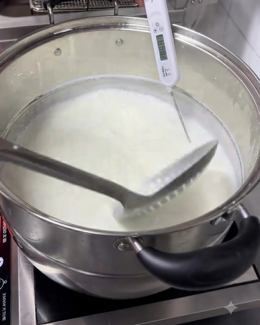 Frischer Zitronensaft wird aus einem Messbecher in einen Topf mit warmer Milch gegossen.