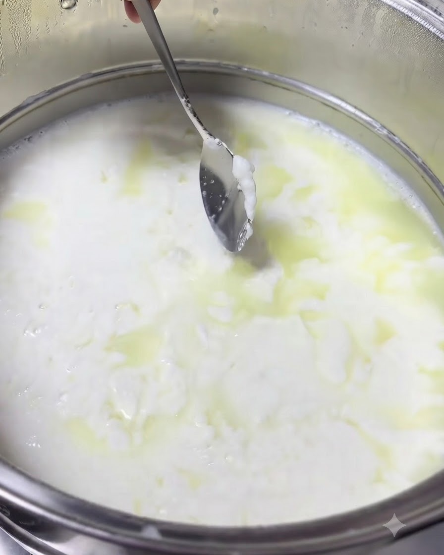 Hände halten ein weißes Käsetuch gefüllt mit Milchkügelchen über einen Topf, um die flüssige Molke abzuseihen.