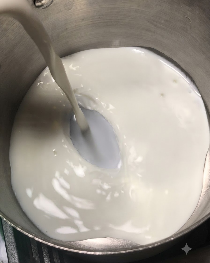 Milch und Schlagsahne werden auf dem Herd in einen Edelstahltopf gegossen.