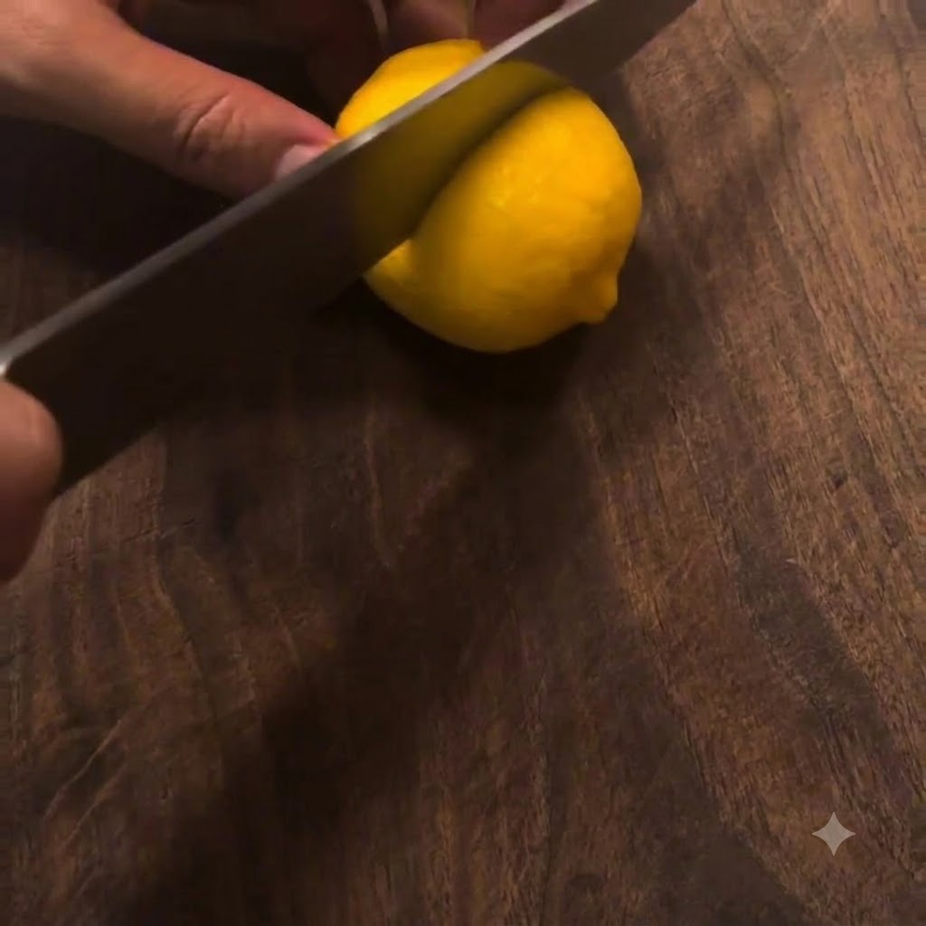 Ein scharfes Messer schneidet eine frische gelbe Zitrone auf einem hölzernen Schneidebrett in zwei Hälften.