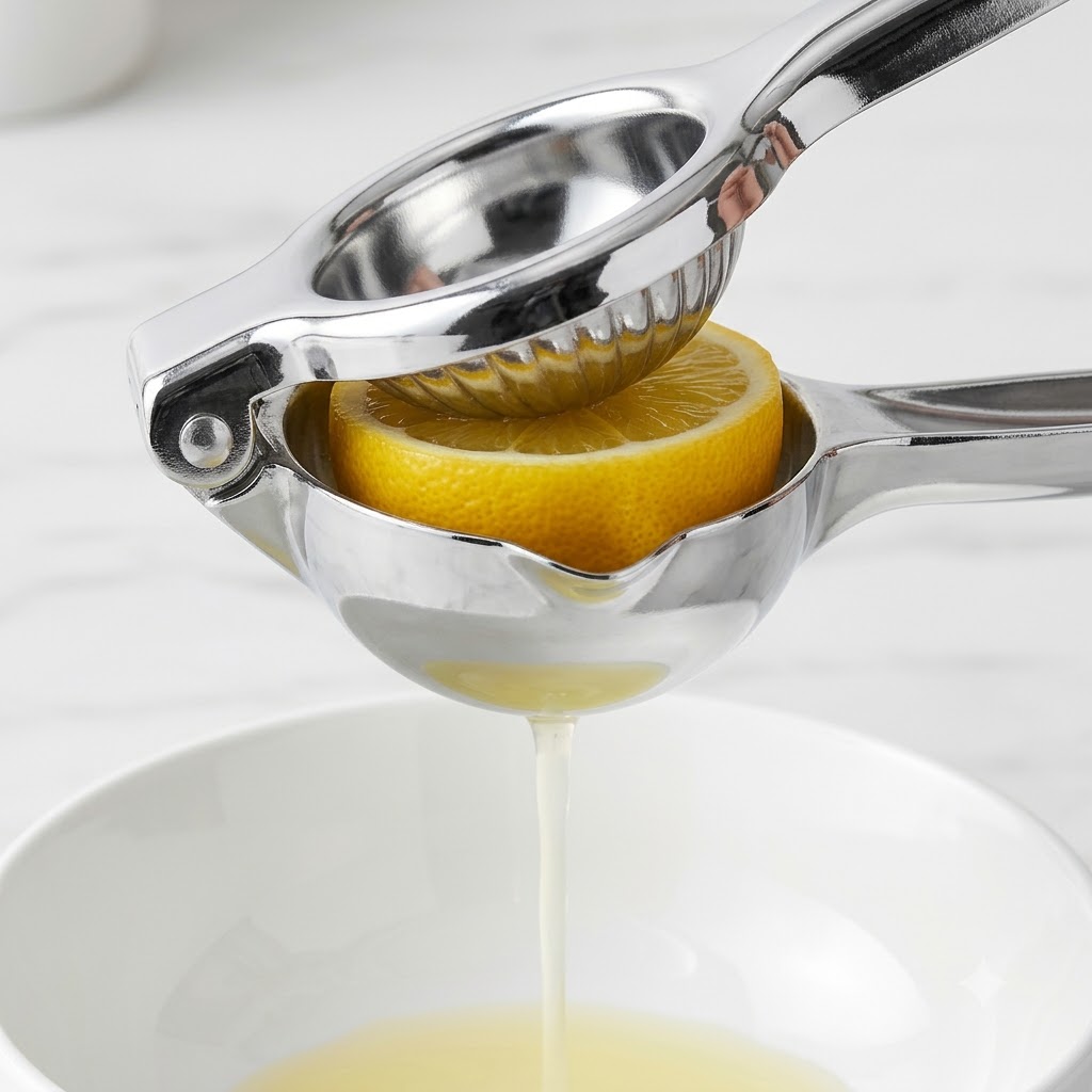 Eine halbe Zitrone wird mit einer Zitruspresse aus Edelstahl ausgepresst, der Saft fließt in eine weiße Schüssel.