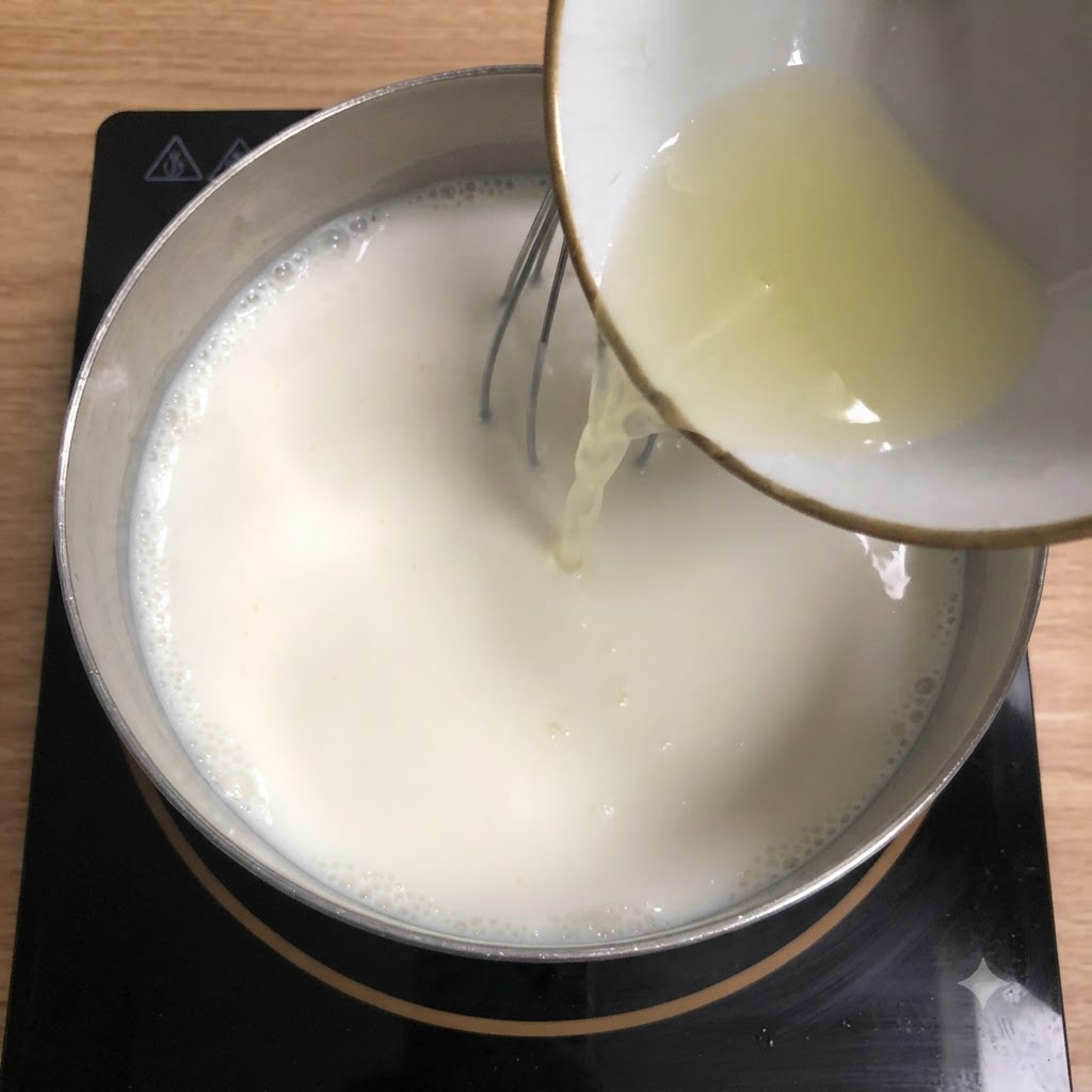 Frisch gepresster Zitronensaft wird unter Rühren aus einer kleinen Schüssel in einen Topf mit warmer Milch gegossen.