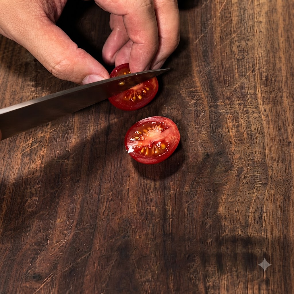 Frische Kirschtomaten werden auf einem Holzbrettchen mit einem Messer halbiert.