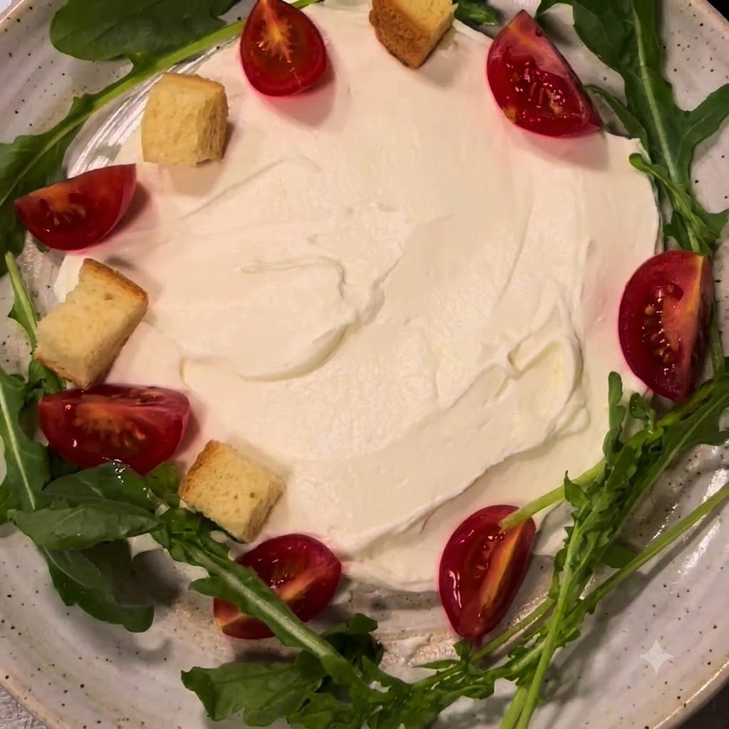 Geröstete Brotwürfel werden auf dem Ricottakäse neben Tomaten und Rucola platziert.
