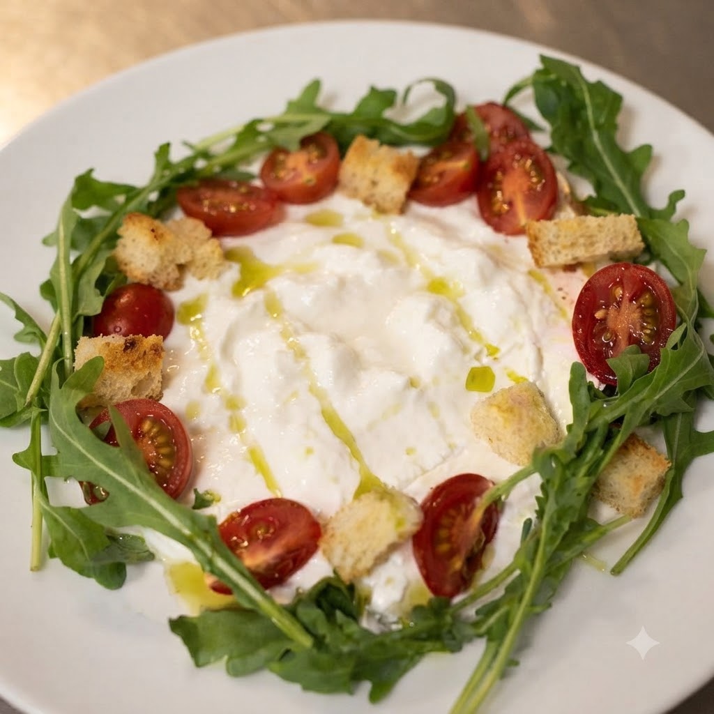 Dunkle Balsamico-Vinaigrette und grünes Basilikumöl werden über den angerichteten Ricotta und Salat geträufelt.