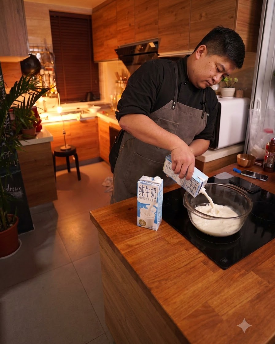 Frische Milch wird aus einem Karton in eine große Glasschüssel auf einer hölzernen Arbeitsplatte gegossen.