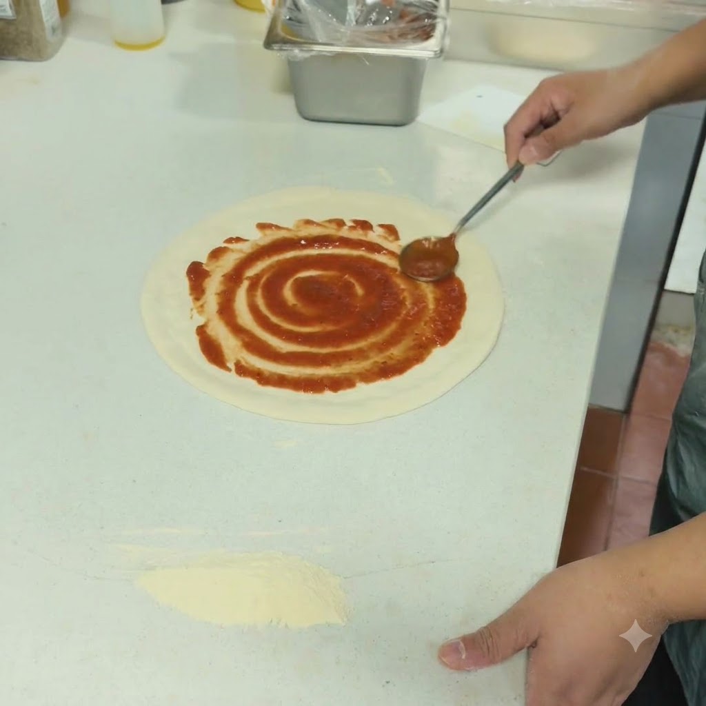 Rote Tomatensauce wird in einer spiralförmigen Bewegung mit einem Löffel auf dem Pizzateig verteilt.