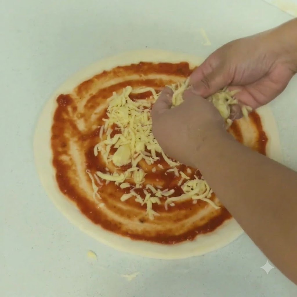 Hände streuen geriebenen Käse gleichmäßig über die Tomatensauce auf dem Pizzateig.