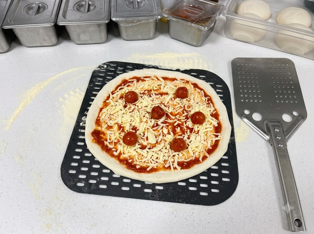 Marinierte Kirschtomaten werden mit einer Zange auf der mit Käse bedeckten Pizza platziert.