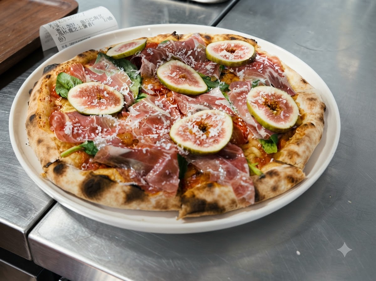 Frisch geriebener Käse fällt auf eine mit Prosciutto und Feigen garnierte Pizza.