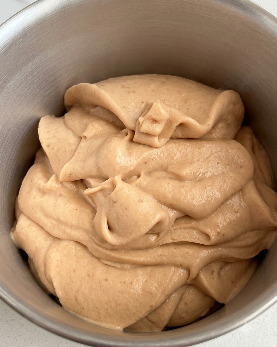 Cremige, gefrorene Gelatobasis ruht im Metallbehälter einer Eismaschine.