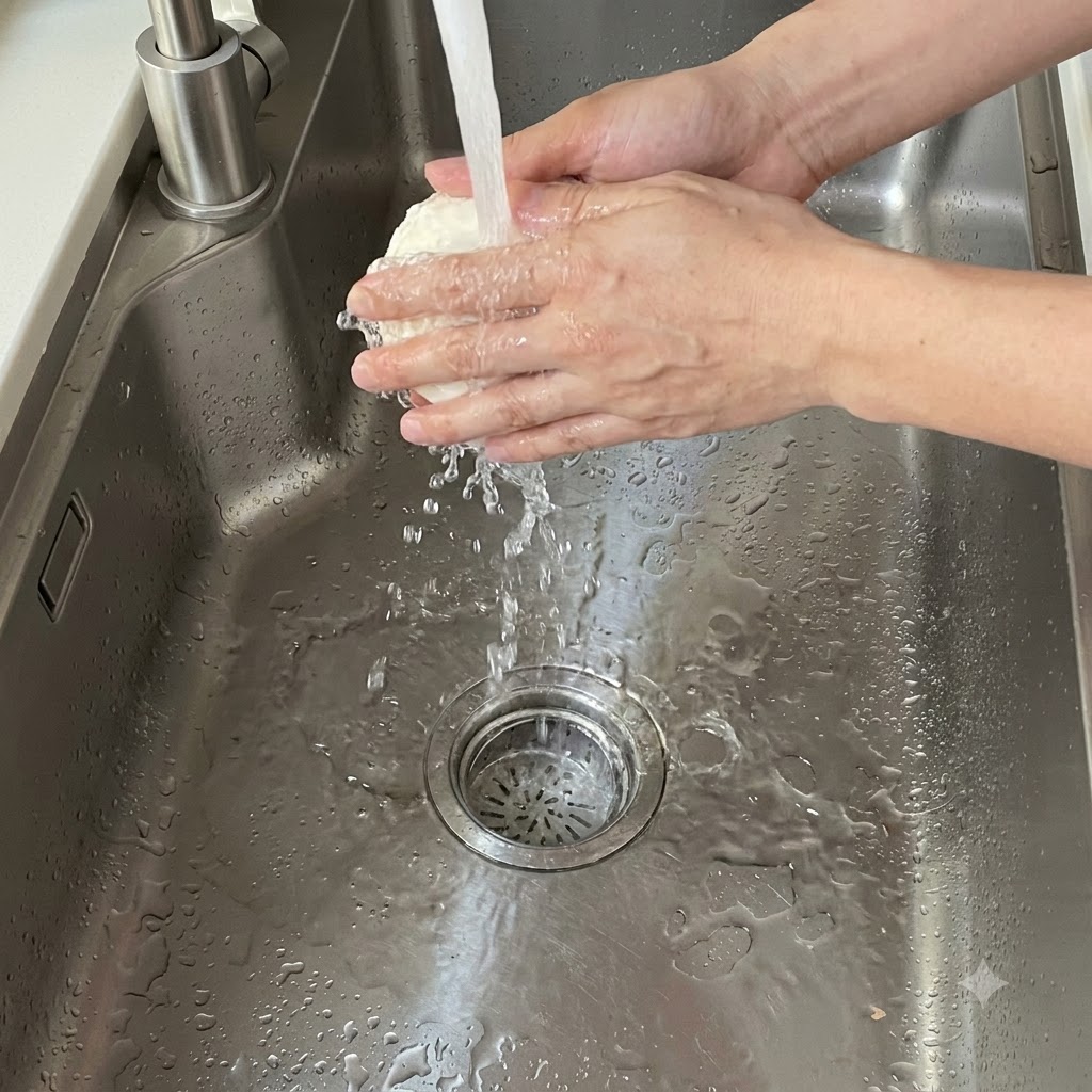 Ein Dampfbrötchen wird unter fließendem Wasser in der Spüle abgespült.